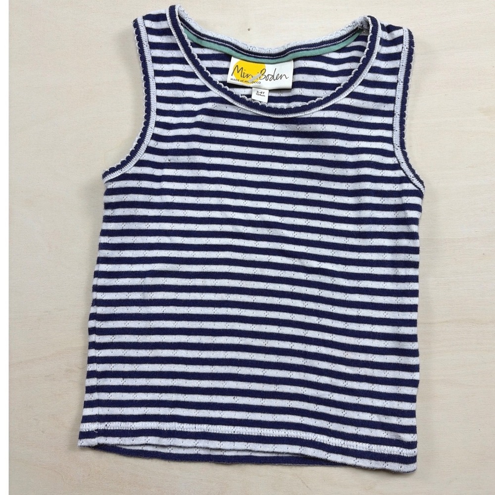 Mini Boden Girls Pointelle Knit Tank Top Navy Blue White Striped Size 3-4Y 104cm